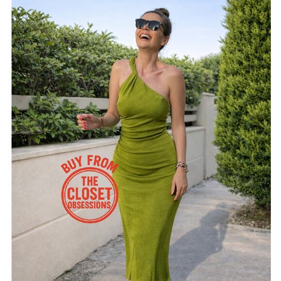 Mango Dresses & Skirts - MANGO Green Asymmetrical Midi Dress NWT One Shoulder Wedding Guest Resort Dress